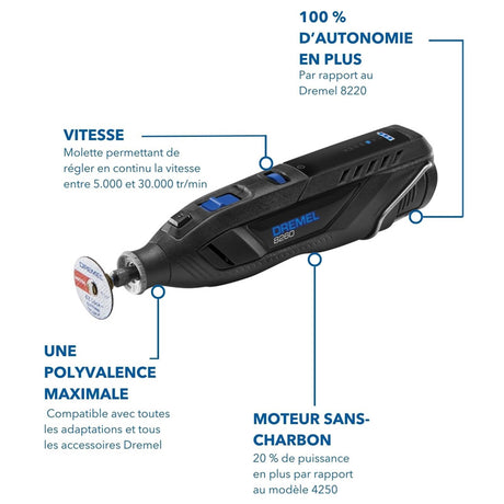 Outil Rotatif Multifonction Sans-fil connecté 12V DREMEL 8260 avec 5 accessoires, 1 batterie 3Ah, 5 000 à 30 000 tr/min