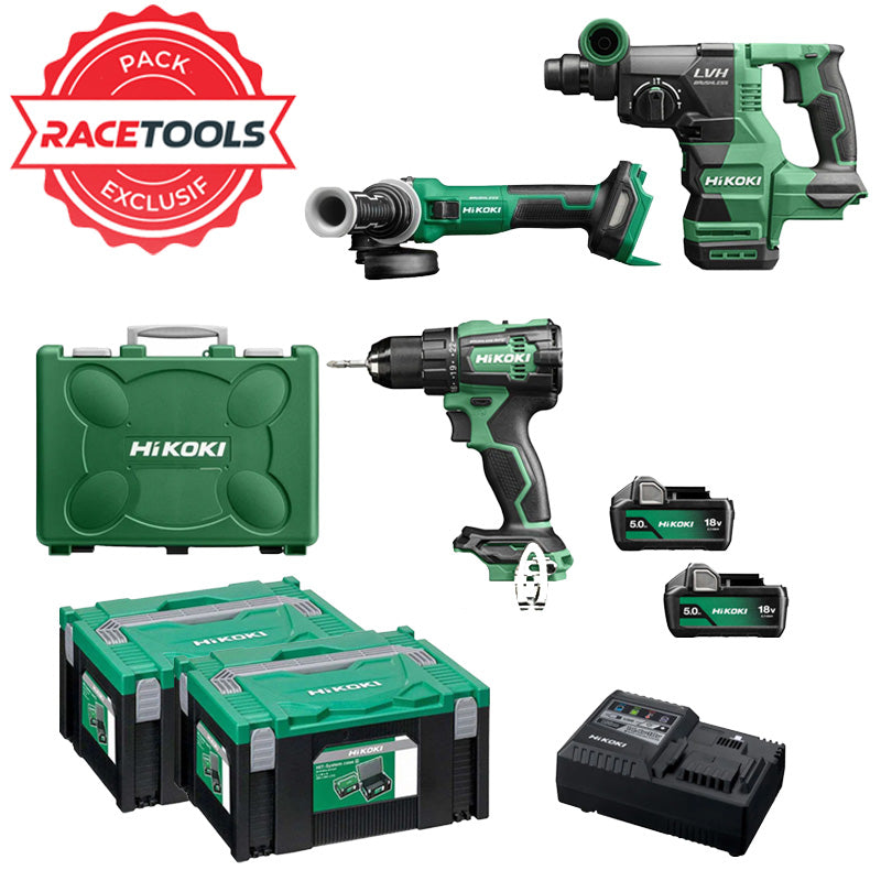 Pack 3 outils Hikoki Perceuse + perforateur + meuleuse 18V Brushless KCRT04 (DS18DE + DH1826DA + G1813DVE + 2 batteries 5 Ah + chargeur)