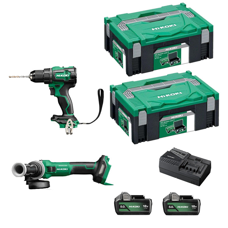 Pack 2 outils HIKOKI Perceuse + meuleuse 18V Brushless KCRT01 (DV18DE + G1813DVE + 2 x 5Ah + UC18YFSLW0Z)