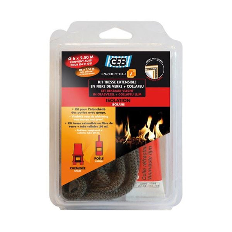 Kit complet GEB Tresse ronde 2,5m Ø 7 à 8mm en fibre de verre + Colle réfractaire Collafeu 20 ml