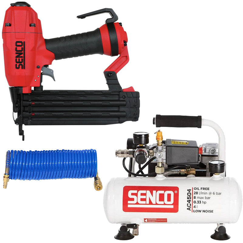 Lot finition SENCO: Cloueur Finishpro18BL G18 + compresseur AC4504 + tuyau spiralé - Senco-B5