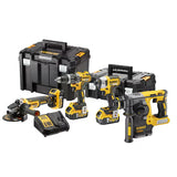 Pack 4 outils 18V DEWALT DCK422P3T-QW : perceuse-visseuse à percussion (DCD796), visseuse à choc (DCF887), perforateur (DCH273) et meuleuse Ø125mm (DCG405) avec coffret TSTAK et 3 batteries 5,0 Ah