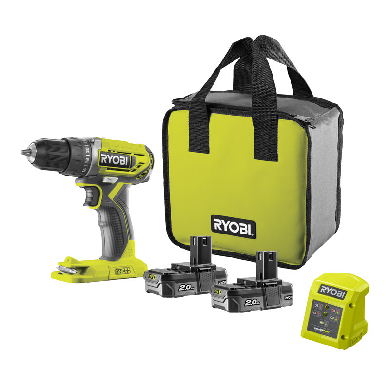 Perceuse-visseuse sans fil compacte 18 V RYOBI R18DD2-220S 40 Nm - Mandrin 10 mm - Avec 2 batteries lithium+ 2,0 Ah et un chargeur 1,5 A