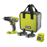 Perceuse-visseuse sans fil compacte 18 V RYOBI R18DD2-220S 40 Nm - Mandrin 10 mm - Avec 2 batteries lithium+ 2,0 Ah et un chargeur 1,5 A