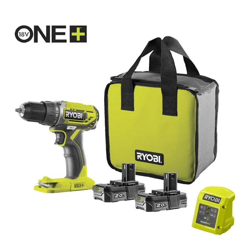 Perceuse-visseuse sans fil compacte 18 V RYOBI R18DD2-220S 40 Nm - Mandrin 10 mm - Avec 2 batteries lithium+ 2,0 Ah et un chargeur 1,5 A