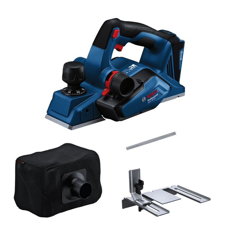 Rabot 82mm 18V BOSCH GHO 18V-26 solo XL-Boxx avec fer de rechange, butée et sac à poussière