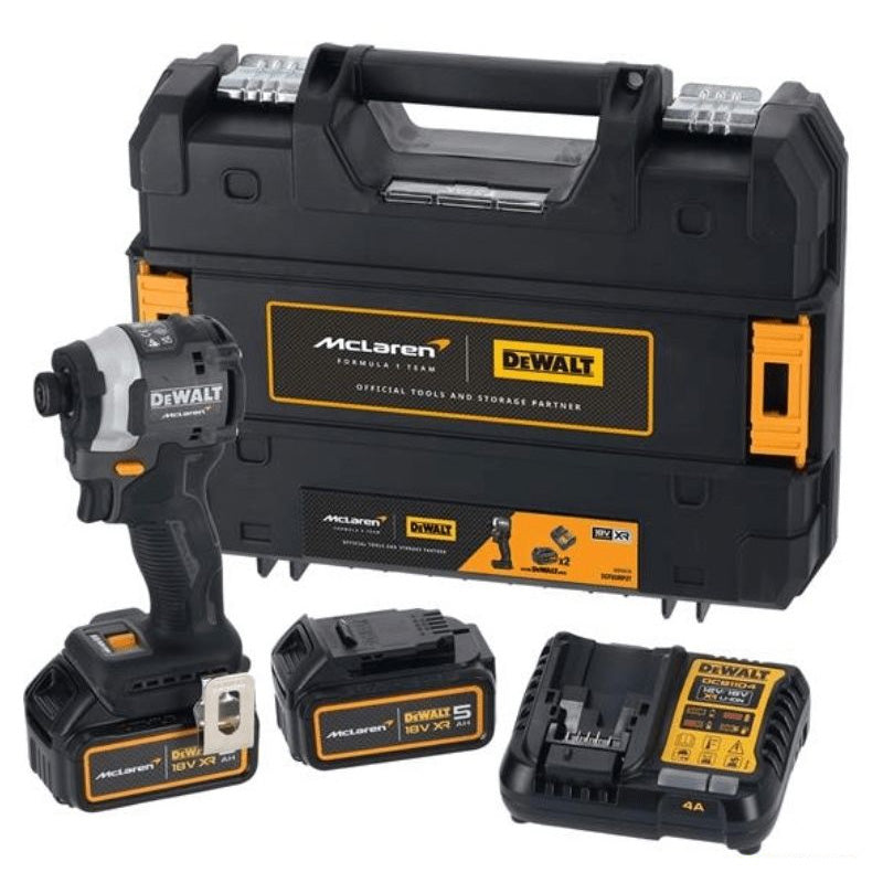 Visseuse À Chocs Ultra Compacte XR 18V 5Ah  Brushless DCF85MP2T-QW Édition Limitée McLaren Livrée Avec 2 Batteries 5Ah Li-Ion, 1 Chargeur en Coffret TSTAK