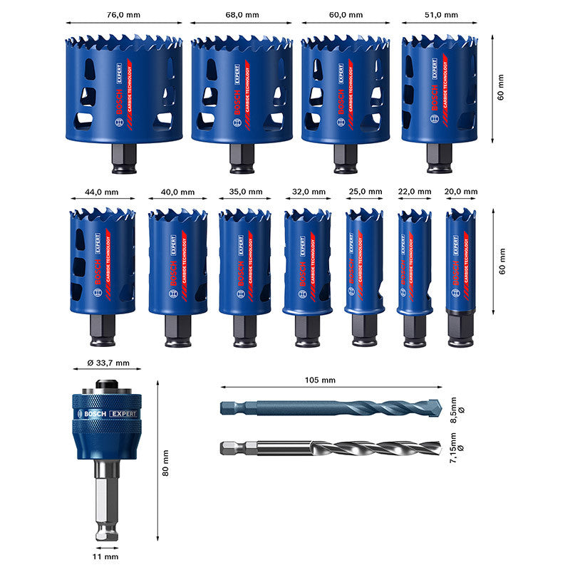 Coffret 11 Scies trépans BOSCH 2608900448 EXPERT Carbure Endurance Multi matériaux Ø20 à 76mm