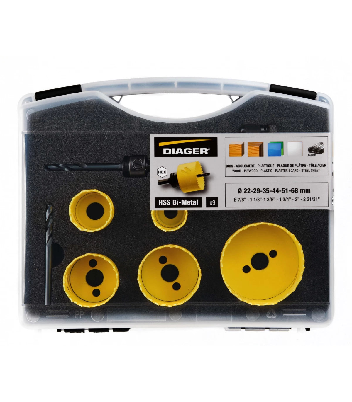 Mallette scie cloche - DIAGER  - jaune 9pc bimétal 22-29-35-44-51-68 mm + 2 pilotes hex + foret centreur