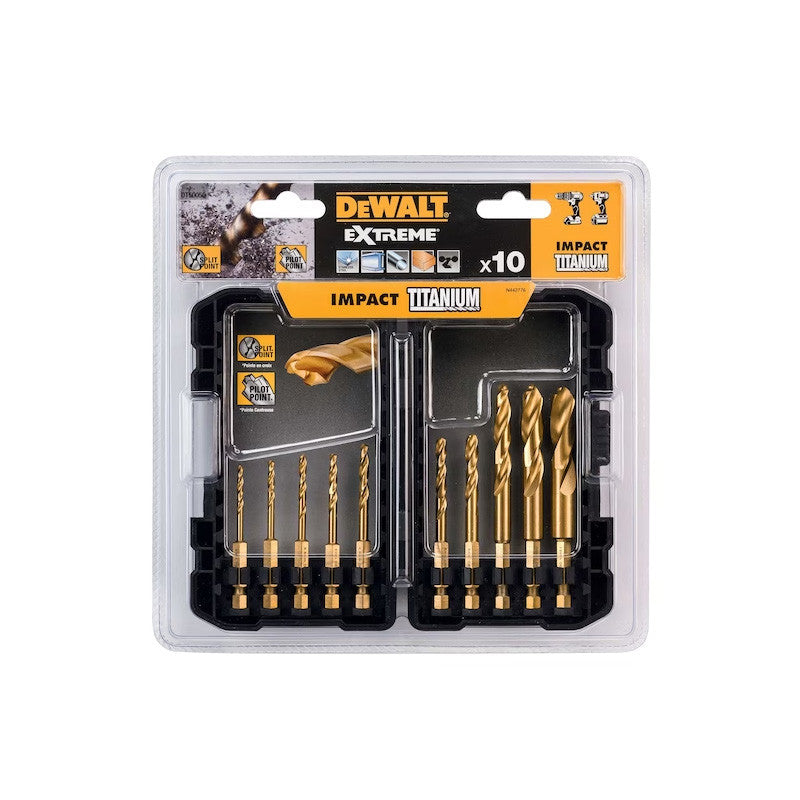 Coffret plastique de 10 forets DEWALT DT50050-QZ HSS Titane Impact Ø 3-3,2-3,5-4-4,5-5-6-8-11-12 mm