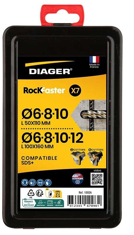 Coffret 7 forets béton - DIAGER  - RocKFaster compatible SDS+ L110 Diam.5-6-8 L160 Diam.6-8-10-12 mm