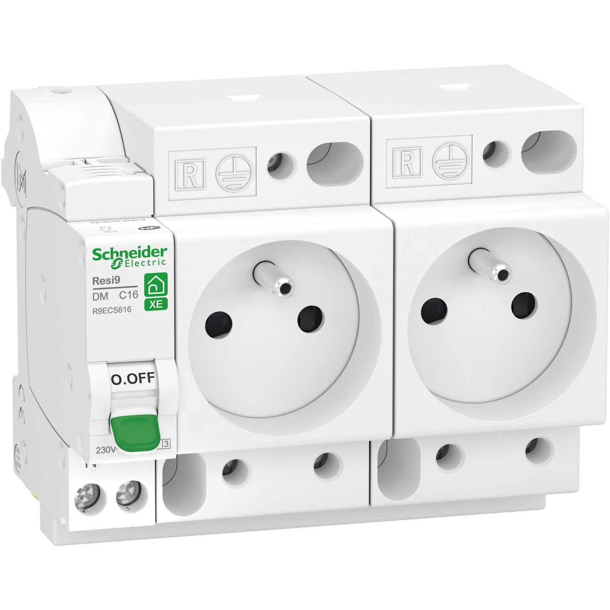 Combiné disjoncteur et 2 prises de courant SCHNEIDER R9ECS616 16A type C Auto 3kA 1P+N embrochable Resi9 XE
