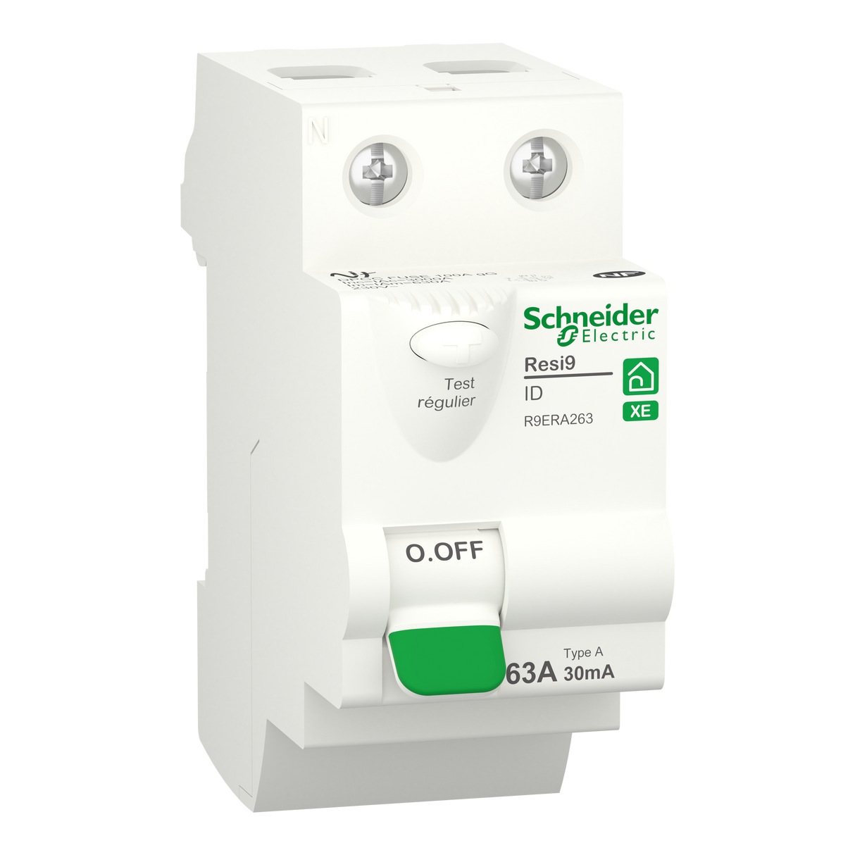 Interrupteur différentiel SCHNEIDER R9ERA263 63A type A 30mA 1P+N embrochable Resi9 XE