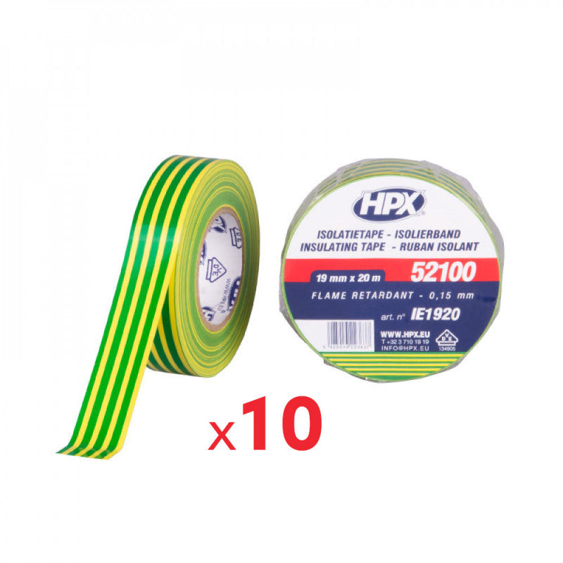 Lot de 10 Rubans isolants PVC HPX IE1920 - certification VDE - 19mm - 20m - jaune / vert