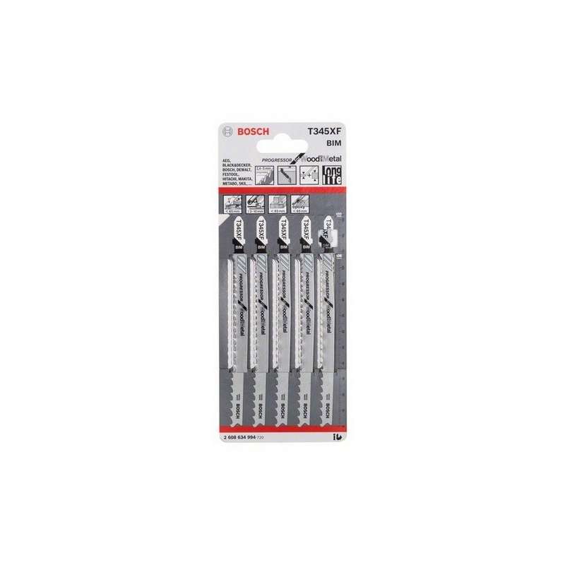 Lot de 5 lames de scie sauteuse T 345 XF BOSCH 2608634994 pour bois et métal