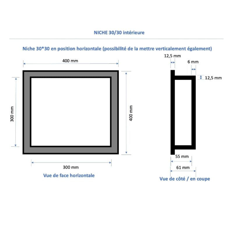 Niche à carreler étanche MARMOX NICHE30/30-INT - Format intérieur 30x30cm - Profondeur 6cm