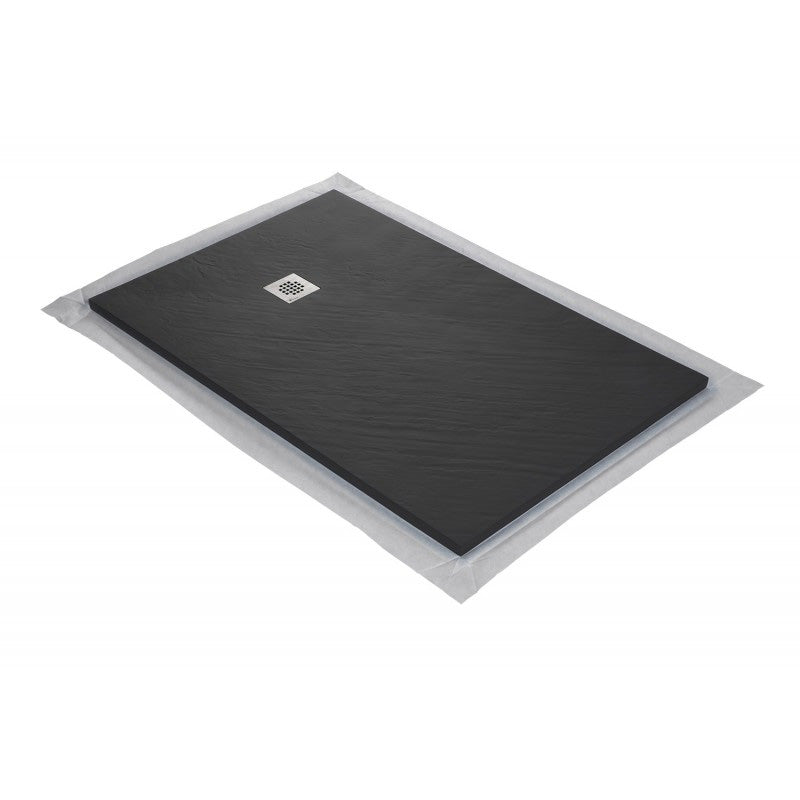 Receveur résine MARMOX imitation marbre noir - grille carrée inox excentrée