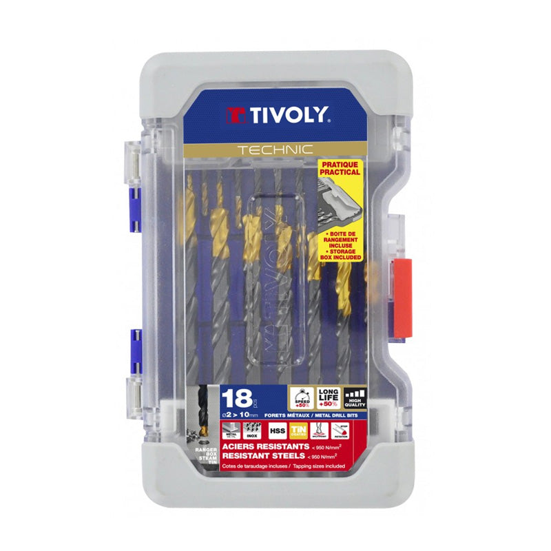 Tivoly   18 forets métaux HSS STEAM revêtus TiN taillés meulés pointe en croix queue à 3 méplats Ø 2 à 10mm