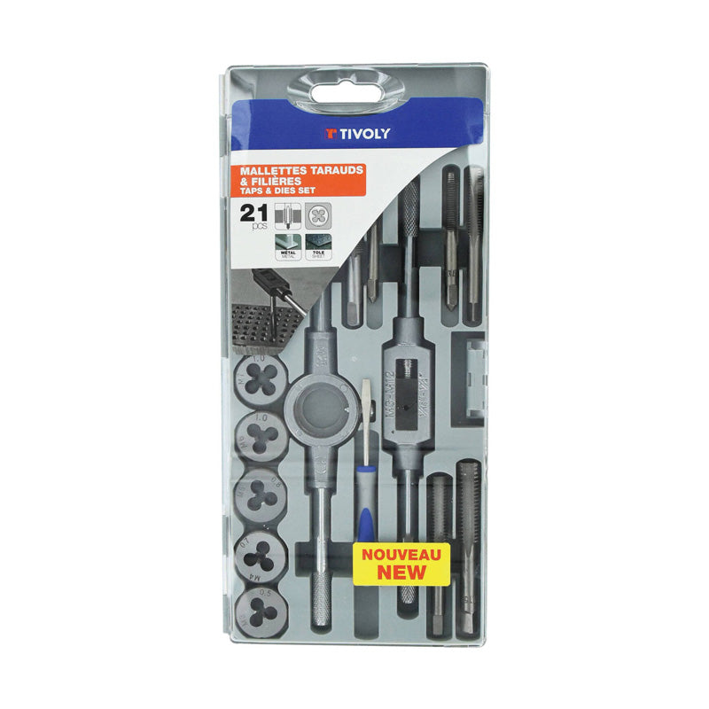 Tivoly   21 pièces -9 tarauds M3 à M12 + 9 filières M3 à M12 + 1 tournevis + 1 porte-taraud + 1 porte-filière