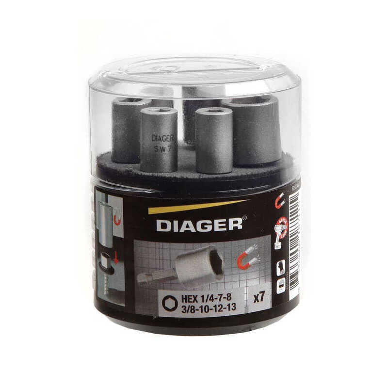 Coffret 7 douilles de vissage magnétique - DIAGER  - longueur 50 mm  1/4-7-8-3/8-10-12-13