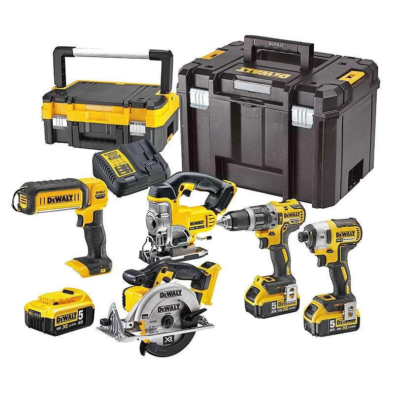 Pack 5 machines DEWALT DCK551P3T : perceuse (DCD796), visseuse à choc (DCF887), scie sauteuse (DCS331), scie circulaire (DCS391) et une lampe LED (DCL050) avec coffret et 3 batteries 5,0 Ah 18V